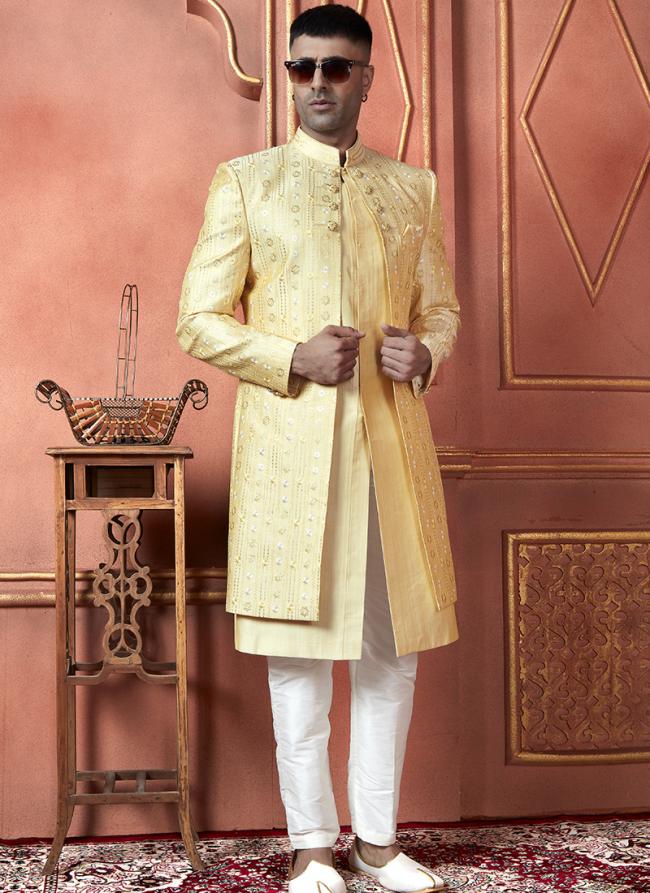 Silk Yellow Wedding Wear Computer Thread Readymade Sherwani Set